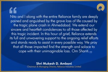Entire Reliance family are deeply pained and anguished by the grave loss of life caused by the tragic plane crash